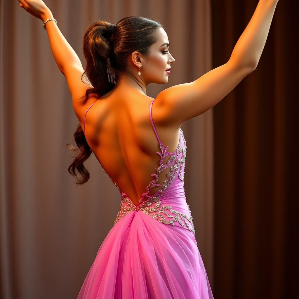 Thoroughly amazing athlete in a stunning evening gown facing the camera with arms raised her hair is pulled back