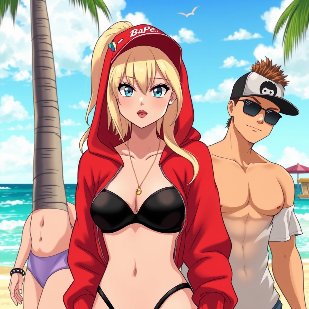 A high-quality anime art of a scene in Miami Beach, Florida, 3 people, a white-ghetto blond girl with blue eyes wearing a black micro bikini under a red Bape hoodie with red lips, a handsome white Latino male with a sideways cap and brown-dark mohawk hair.