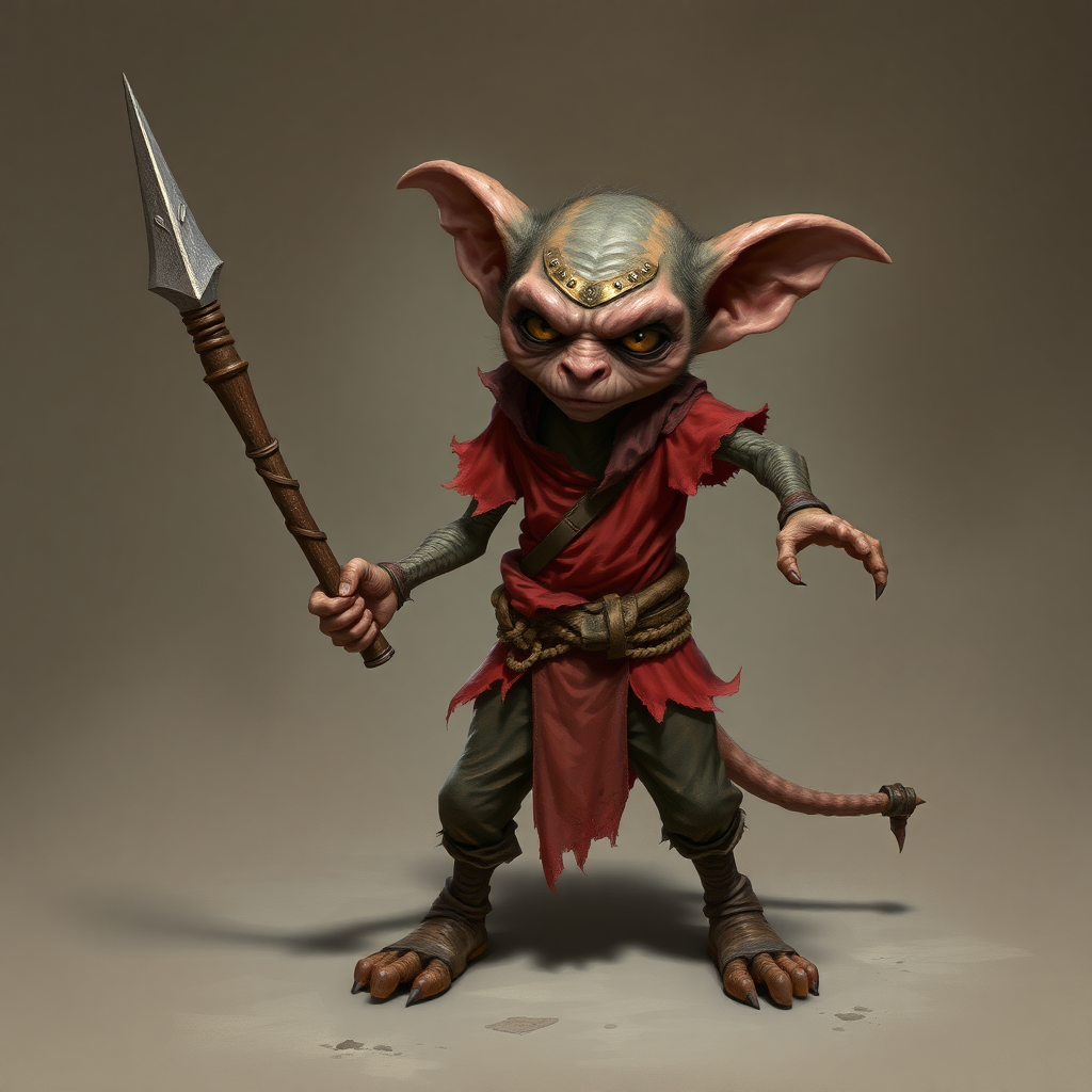 A small, skinny kobold in a tattered red tunic and dirty brown pants holding a quarterstaff in a threatening manner.