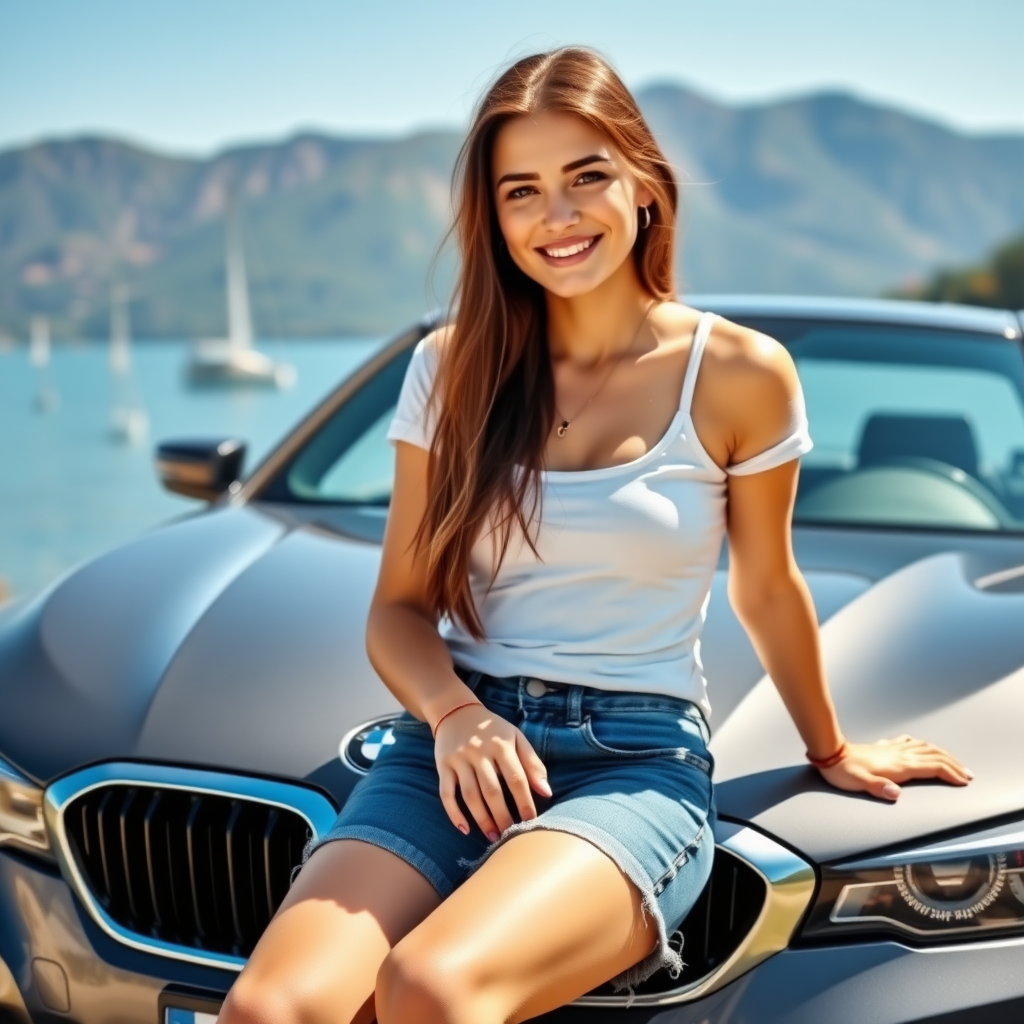 a sweet young woman sitting on the engine hood of a BMW 320 G20 in the color space gray. She has long brunette hair hanging on her shoulders and deep brown eyes. She is smiling. She is wearing a white top and jeans shorts. decent necklace and anklets. In the background there is a lake and mountains. It is summer. On the lake there are some sailing boats. Natural style. the weather is sunny and the sky is blue.