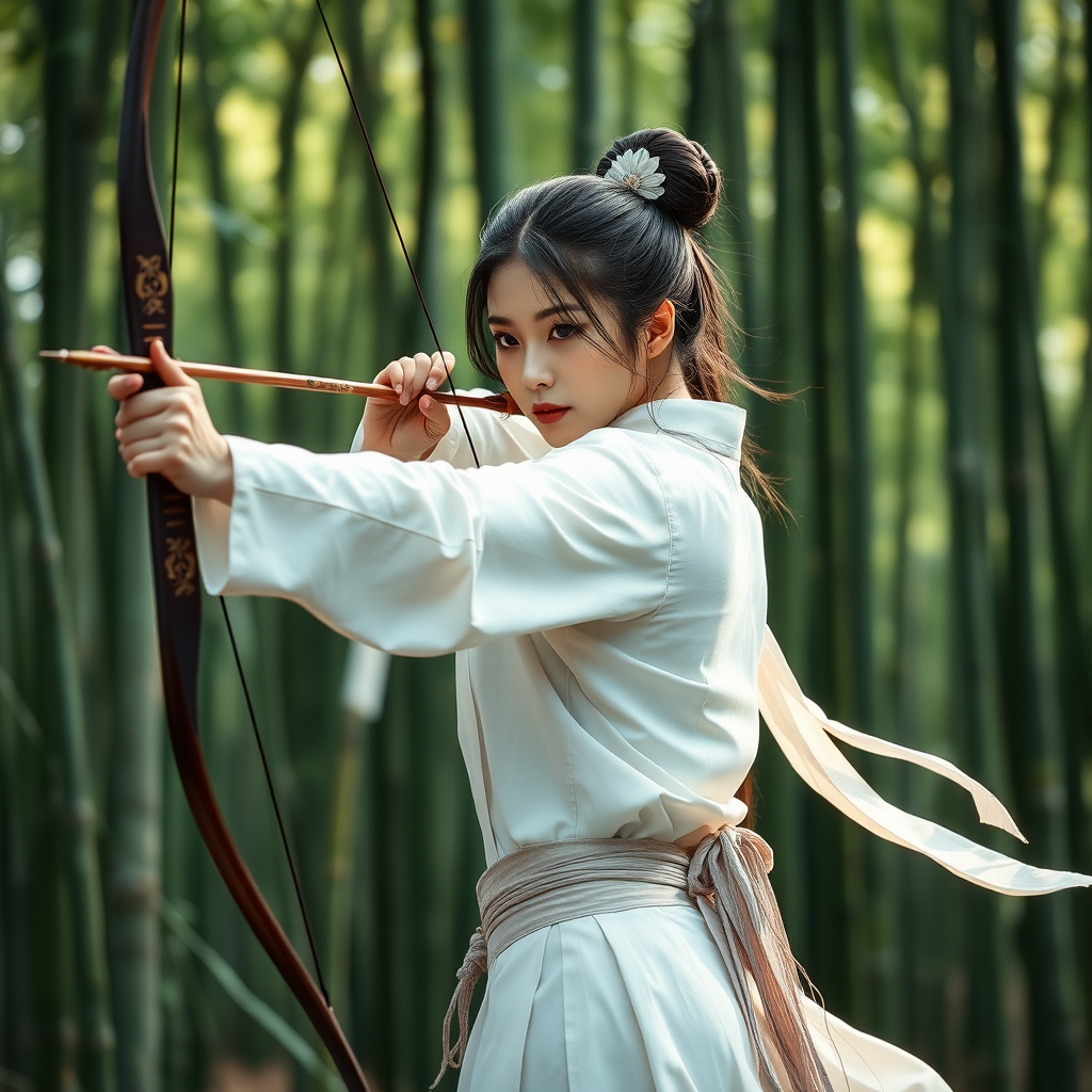 From the perspective of the whole body, a beautiful woman of the Tang Dynasty in China, a chivalrous woman, wearing white clothes, pulling away bows and arrows, in the bamboo forest. Movie poster, game cg. Complete bows and arrows, not incomplete bows and arrows.