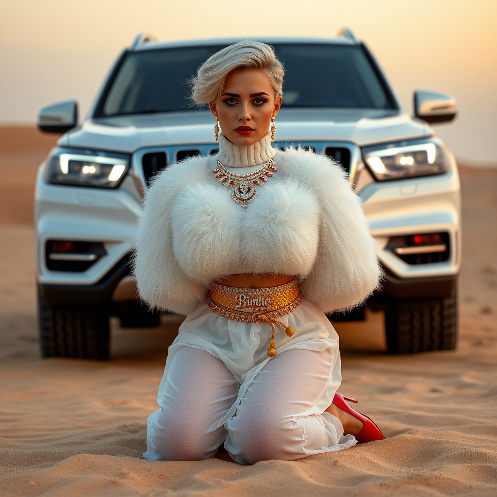 Kuwait desert dunes misty dawn, full size luxury SUV: Melissa, European 17 years old very convincing femboy “trophy-bimbo”, tamed servile docile, very beautiful feminine flawless face, rather short, by hormones very curvaceous womanly figured, platinum blond short tight curls, bold red lips, heavily made-up face, wearing Supertanya-style fluffy very fuzzy bright white angora turtleneck-poncho cropped ending under bust decorated with pearls and gemstones, striking oriental wide gold bridal protection belt, white fully transparent harem pants, bright red pumps with golden very high heels, full Oriental bridal jewelry including headpiece, nose-ring, coin anklets, striking diamond “Bimbo” letter brooch on left chest, pout frustrated, hands tied behind back, kneeling in sand in front of SUV, looking at camera. Focus on face and turtleneck-poncho.