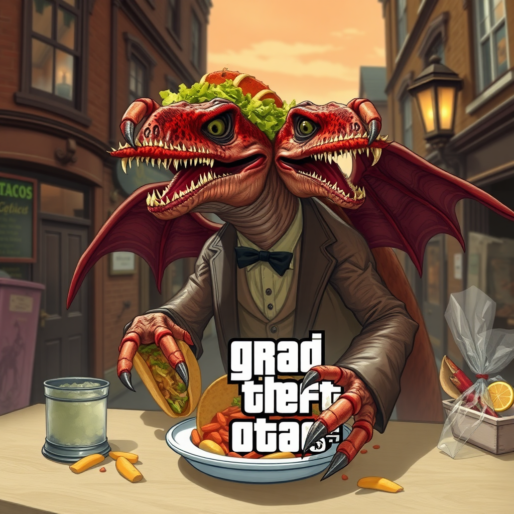 A vampire dinosaur selling tacos In Victorian England, tacky, grand theft Auto, crabs,