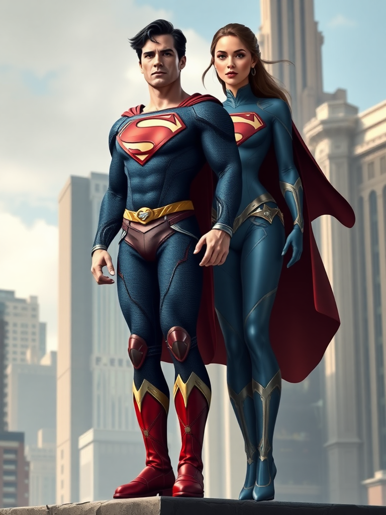 Create a full-length image of Superman, using the female figure of Ochaco Uraraka for the body. Retain Superman's head, hairstyle, and facial features. Combine Superman's costume with embellishments inspired by Ochaco Uraraka, reshaping the outfit to match the new proportions. Design the background by drawing inspiration from elements found in both Superman's Metropolis and Ochaco Uraraka's world, blending architectural and thematic features seamlessly.