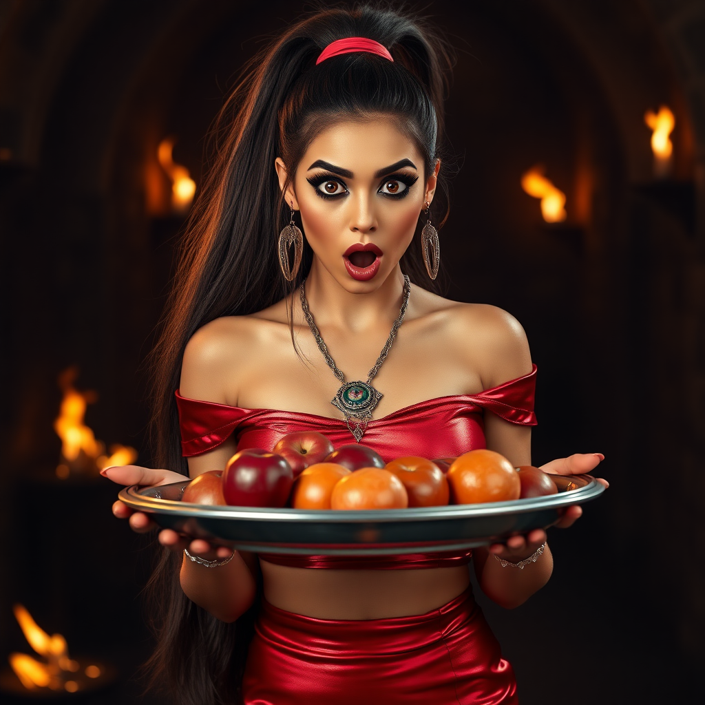 realistic photo of a surprised Arabian model with mouth open. She has very large eyes, black eyeshadow, black eyeliner, fake eyelashes, very tanned skin, very long hair. very high ponytail, she look likes princess jasmine, shinny red off shoulder crop top. photo realistic. She holds a metal tray with fruits just above her waist. crop top, shinny red skirt. full body view. shinny red pencil skirt. dungeon with fire torches in the background.