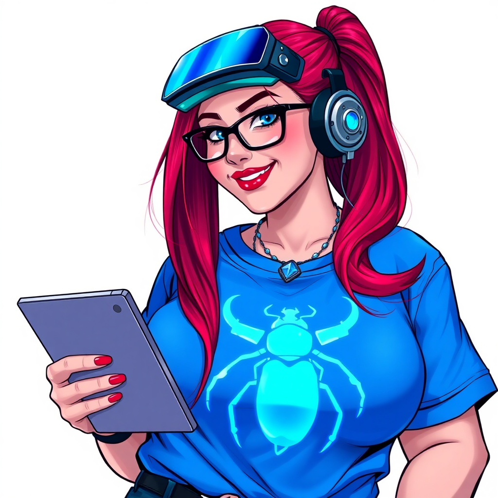 A cyberpunk vigilante’s full-figured intelligent and tech-savvy 29-year-old girlfriend, who is a computer hacker and tech genius. She has a long ruby red ponytail and bright blue eyes. She wears a sapphire beetle gemstone necklace, and an oversized Maximum Blue (RGB 71, 171, 204) t-shirt featuring a giant neon blue glowing icon of a beetle on its chest. She has a full-figured physique with a prominent, gargantuan, round midsection, reflecting her well-cared-for lifestyle. The midsection is heavily emphasized. She sports a sapphire headset with hi-tech Maximum Blue (RGB 71, 171, 204) lensed HUD visor, Maximum Blue (RGB 71, 171, 204) lipstick, black eyeglasses, and a beaming smile with a passionate bright red blush. Despite her figure and a lack of self-esteem, she radiates an air of beauty. She has an angular face which contributes to her radiant beauty. She serves as his tech expert from his hideout, holding a holographic tablet and a hi-tech tool wrench. The background is solid white. She is drawn as if she was in a retro 2D cyberpunk fighting game. Make sure her shirt covers her round midsection.