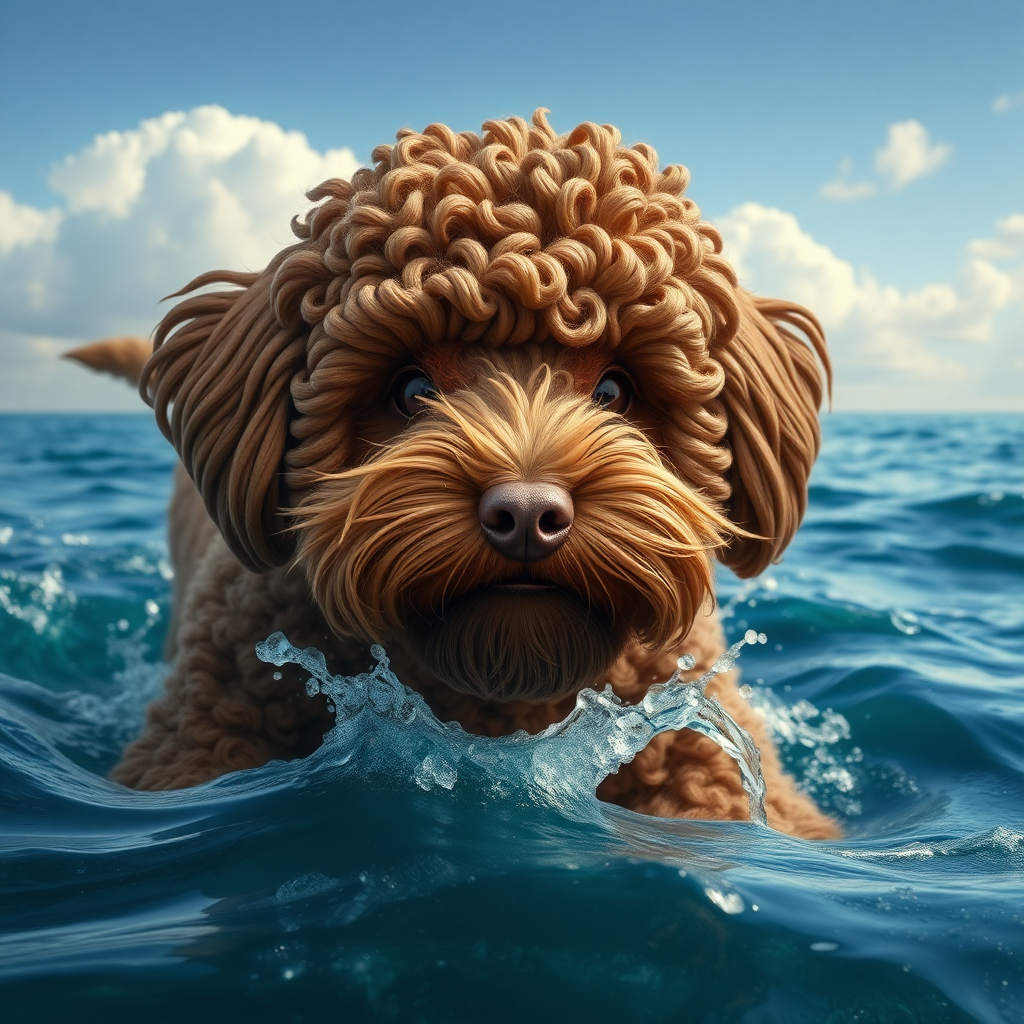 cute gigantic chocolate colored cockapoo ocean sea monster coming out of the ocean, ultra realistic, ultra detailed, 50mm photo