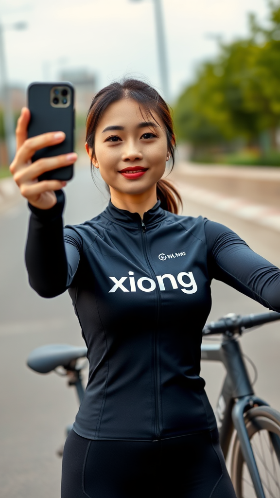 A full-body photo of an Asian woman wearing a long-sleeve cycling outfit with "xiong" printed on the top, taking a selfie next to a bicycle. She has a slender figure and natural skin tone, captured in high-definition photography in natural light.