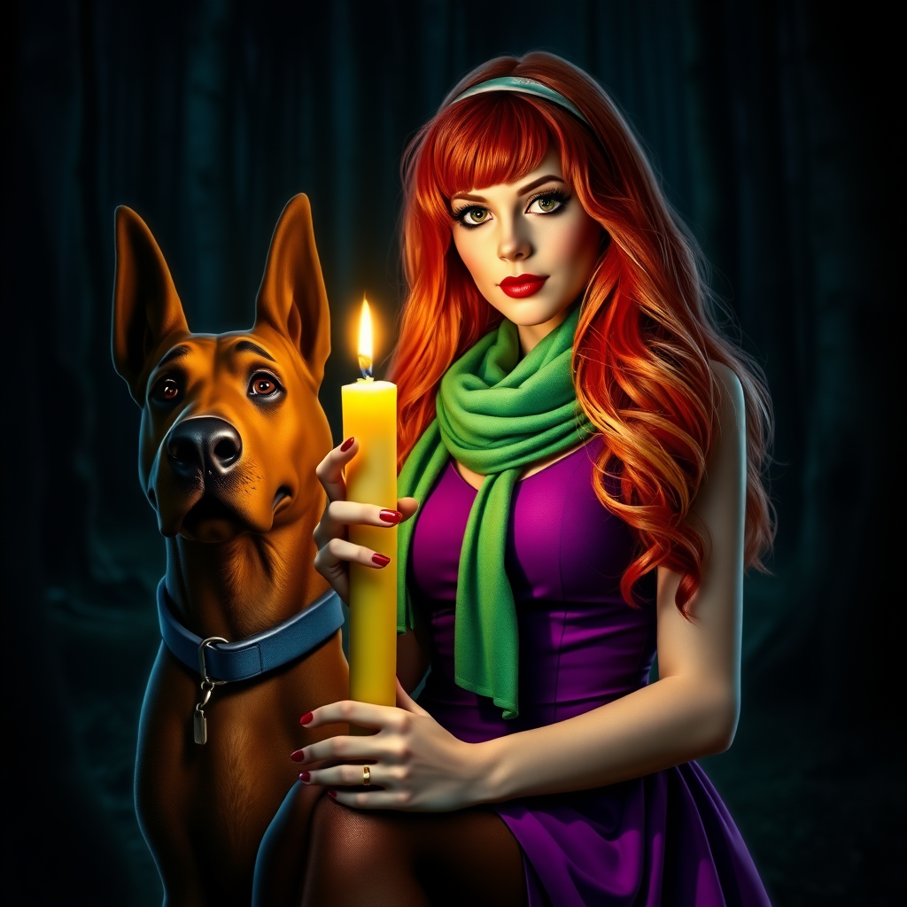 masterpiece, full body Daphne Blake, looks like Sarah Michelle Gellar, hyper realistic, realistic face, detailed face, wears headband and purple dress and green scarf, high boots, long red hair, is holding a lit up candle in the dark, next to a realistic dog that looks like Scooby Doo. She is in a very dark creepy forest. Marvelous, awesome, beautiful. Perfect hands, high detailed face, detailed skin, perfect eyes, eyeliner, large lashes, 60s look style, sexy, spicy look, scooby doo, front view, glitter