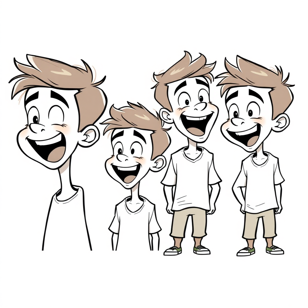 multiple views with progression, character design sheet, short, excited, smiling, amazed, open mouth, 15 year old european skinny boy, drooling, detailed features, 
long establishing shot, 2D, caricature, cartoon, Sketch lines, coloring book, coloring book style on white background, well composed, clean coloring book page, No dither, no gradient, strong outline, No fill, No solids, vector illustration, side view, vector illustration, empty space around each view, movement lines