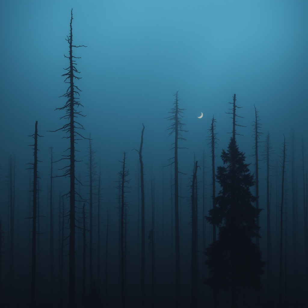 a photo of a foggy forest, by Kristian Zahrtmann, broken forests, eerie color, black fir, forest on the horizon, alien trees, destroyed forest, merging with tree in a forest, crescent moon, forested, barren, danila tkachenko, tall trees