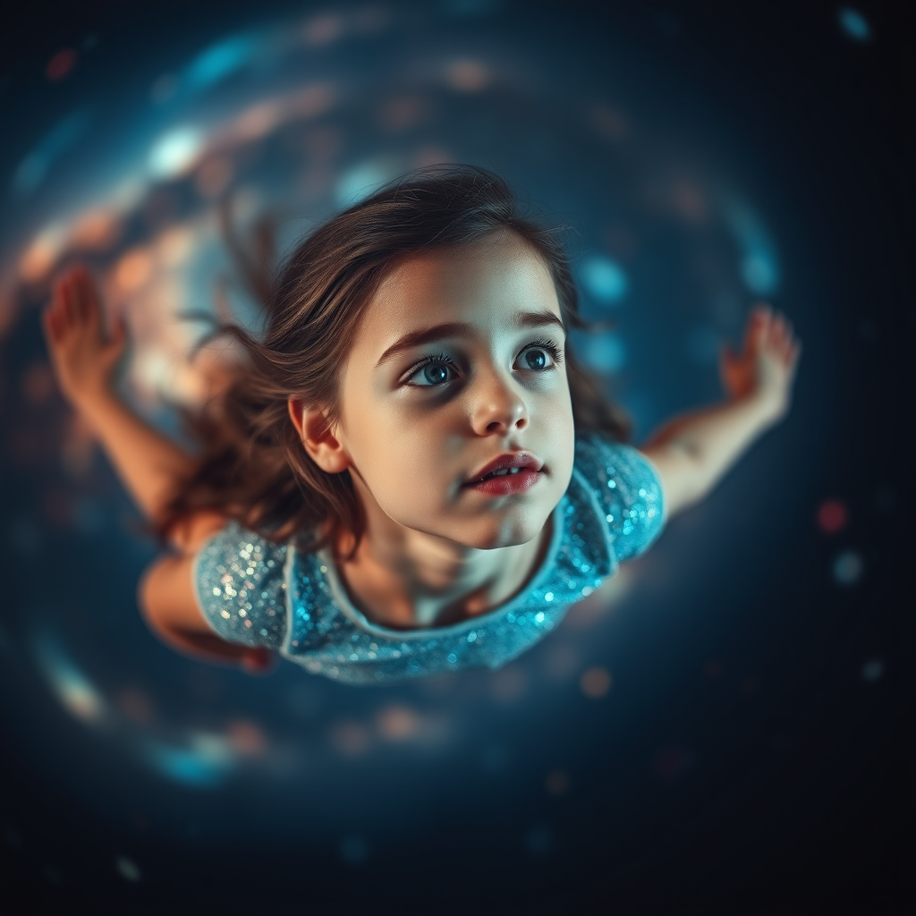 preteen girl floating in space, dreaming, Low Key Lighting, dreamscape, nebula, Bokeh, abstract, brilliant colors, glittering, translucent, iridescent, natural skin, glowing, artistic photo, panoramic, awe, airy, original, experimental, interdimensional