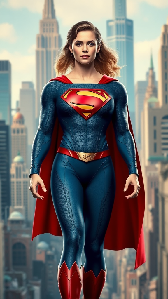 Full-length render of Superman featuring the female figure of Elastigirl. Keep Superman's head intact, including hairstyle and facial features, while using Elastigirl's body. Retain Superman's original costume, adjusting it to fit a female form. For the background, blend elements inspired by both Superman's Metropolis and Elastigirl's urban environments, creating a dynamic cityscape that reflects their superhero worlds.