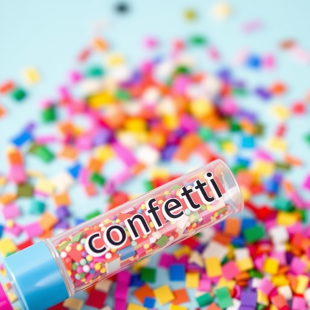 colorful confetti popper tube with text "confetti" on it