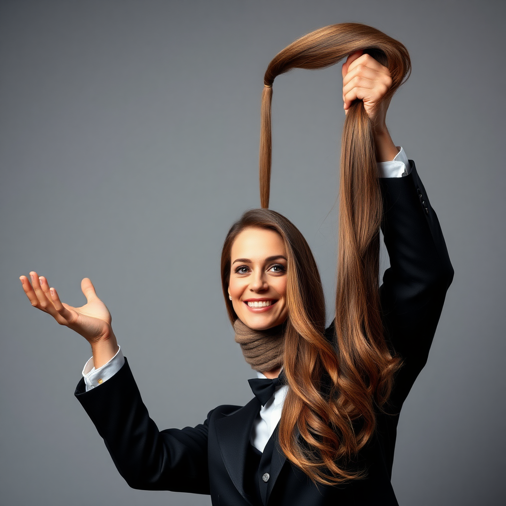 A surreal image of a smiling male magician holding up the disembodied head of a very long haired Kate Middleton. He is grabbing her very long hair and pulling it up high in the air, while her head is hanging by her hair from his grasp to display it to the camera. Plain gray background.