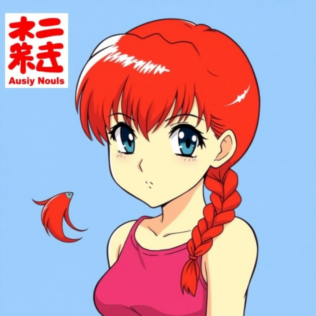 Ranma Saotome from the series Ranma 1/2 is a red-haired girl with a braid, blue eyes, and a toned girl’s body. The art style is that of Rumiko Takahashi.