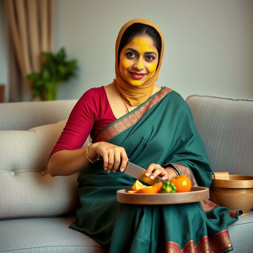 slim, 30 year old, modern indian wife with saree and hijab, turmeric paste on her face. she is sitting on a sofa and cutting vegetables