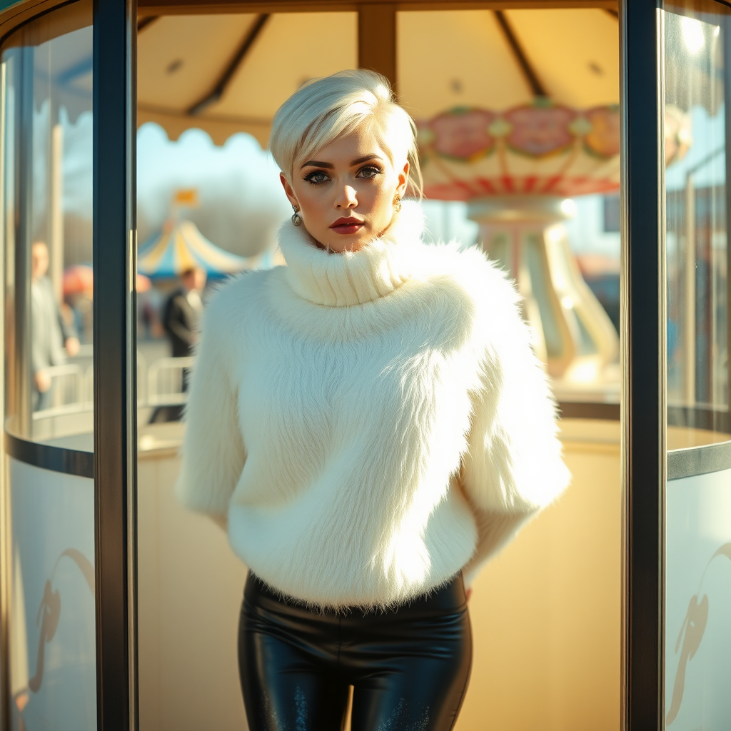 Amusement park "kissing booth", sunny spring Sunday morning. Sam, 19 years old beautiful involuntary femboy, rebellious intractable character, petite boyish figure, platinum blond boyish rebel punk hairstyle, flawless heavily made-up face with sharp arched tattooed eyebrows, wearing Supertanya-style fluffy very fuzzy bright white angora thigh-length turtleneck-poncho fully covering body and arms, silver-glitter leggings, black leather high-heeled pumps, silver earrings, both hands tied behind back, standing inside kissing booth, waiting for next customer to kiss. Focus on Sam’s face and turtleneck-poncho.