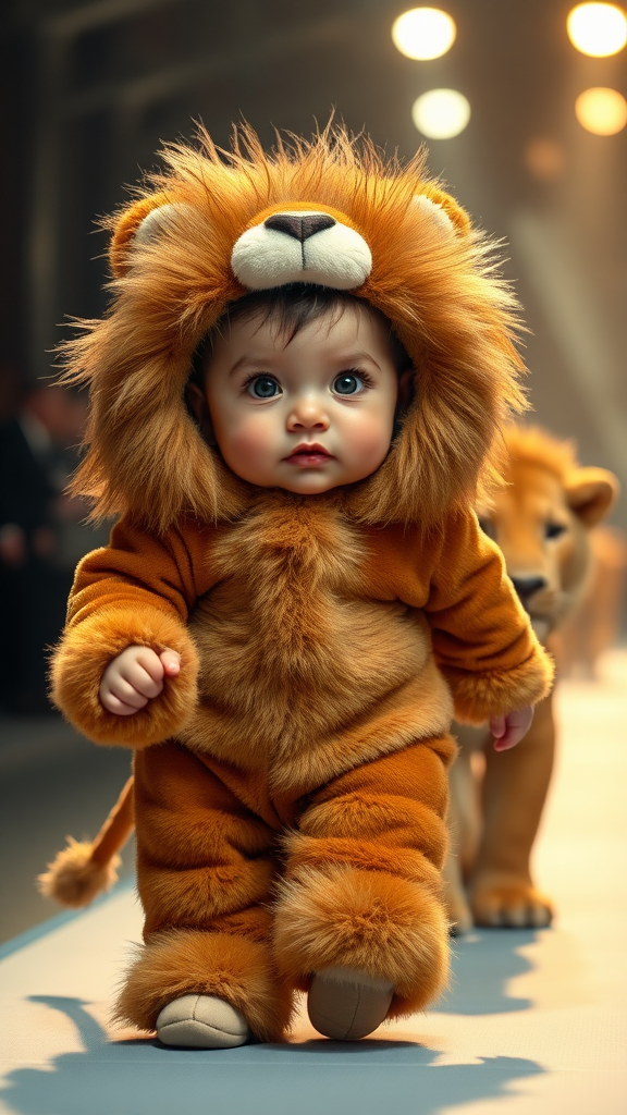 A cute small chubby fair baby with big eyes, pink lips, and pink cheeks, wearing a furry cozy lion costume, doing a ramp walk in a fashion show, walking with a real lion while holding a lion with one hand. Cinematic.