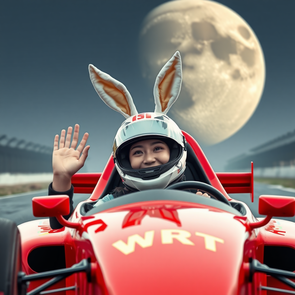 On the racetrack, there is a red race car with "WRT" written on it. A beautiful Chinese female driver is wearing a full-face helmet with white rabbit ears standing upright on top. The visor of the helmet is lifted, and she is laughing while waving one hand, the other hand firmly gripping the steering wheel. In the background, there is a gigantic moon, visible with craters.