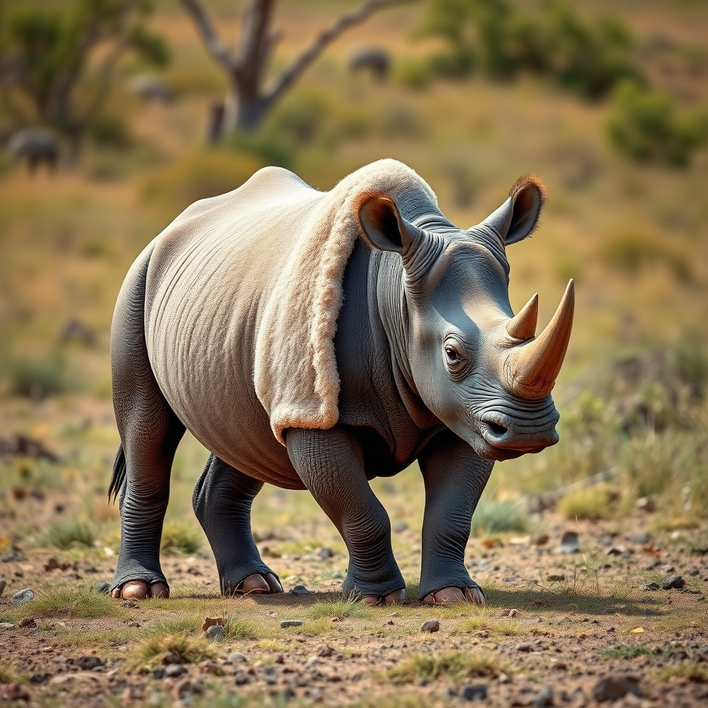 I want a realistic wildlife safari photograph of a wild animal that is half black rhinoceros and half sheep.