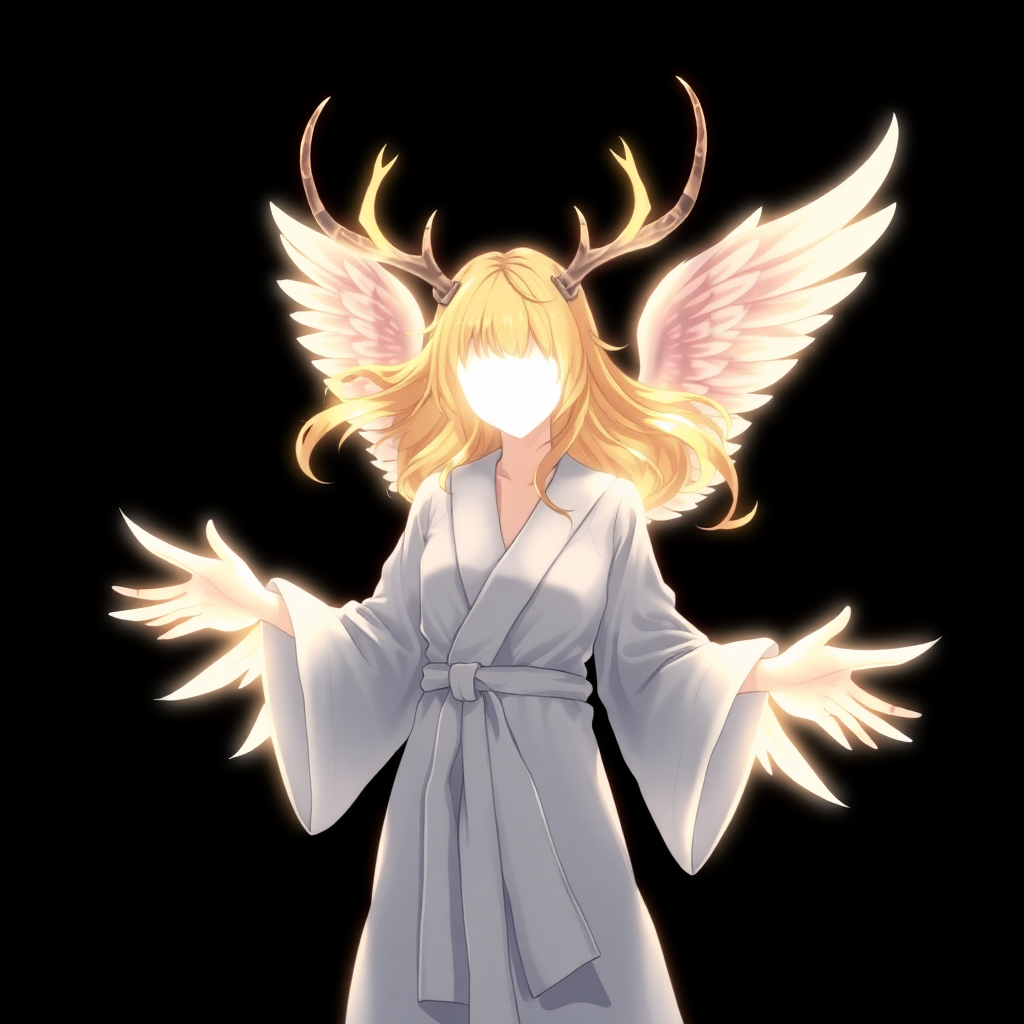 (Anime Style-art) Black background, a female attractive faceless golden haired woman covered in pure white light, 2 deer antlers, 2 angel wings, glowing-white robes, hands out, floating mid-air