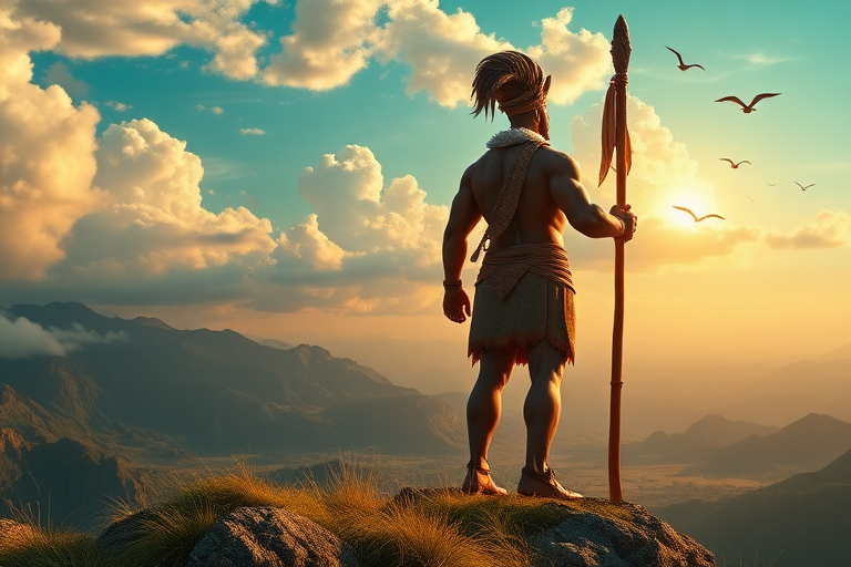 A giant figure of Kuafu standing on a high hill, holding a long staff, gazing at the distant skyline, a flock of small birds flying in the sky, vibrant and colorful landscape, dramatic clouds, detailed features of Kuafu, muscular build, expressive face showing determination, (best quality,4k,8k,highres,masterpiece:1.2),ultra-detailed,(realistic,photorealistic,photo-realistic:1.37),epic fantasy art style, warm color tones, soft sunlight illuminating the scene