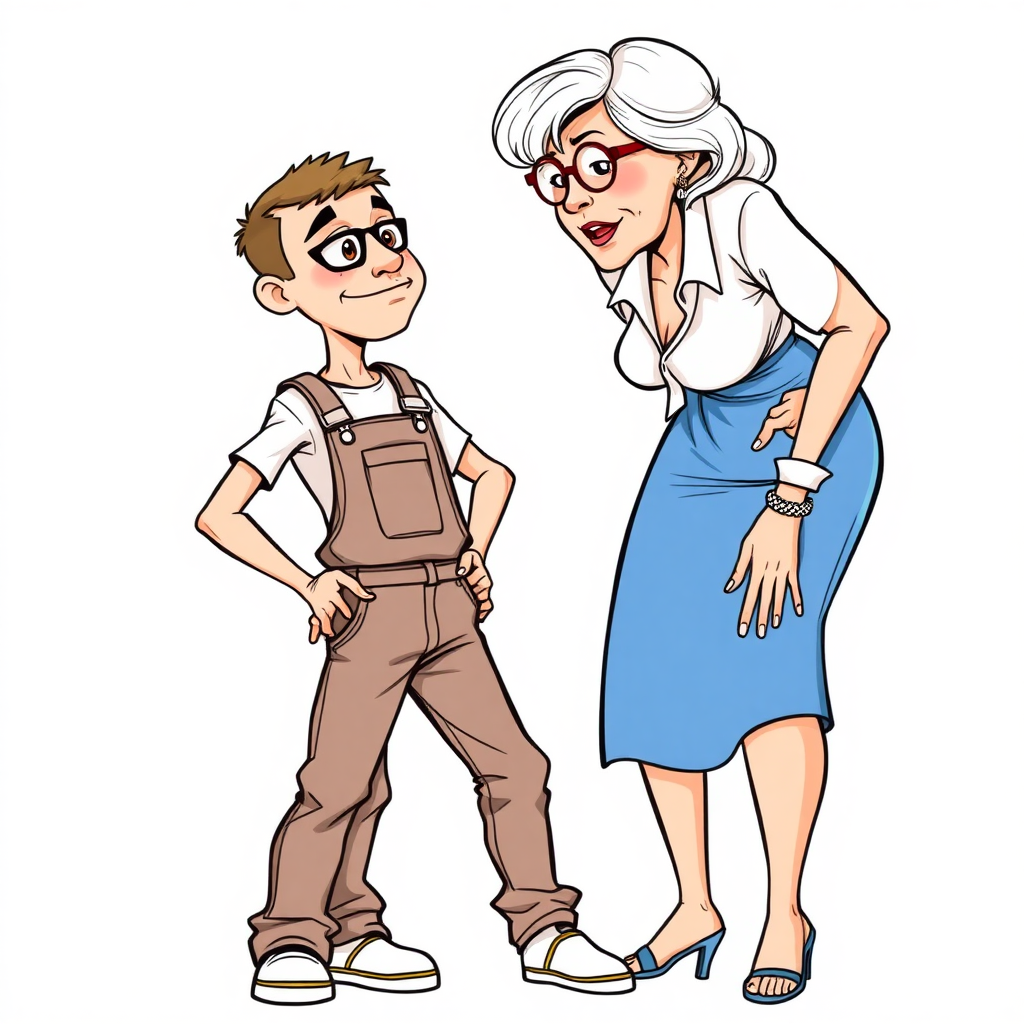 20 year old european skinny boy wearing work overalls is blushing excited while lectured by a towering 55 Years old, fit, European, Latina, sharp aquiline nose, wrinkles, high cheekbones, Middle Eastern, Skinny, Tanned skin, Dark light skin, Rounded Medium breasts, Skinny thighs, full Makeup, jewelry, Serious face, Sharp nose, blushing, Ash hair, short bowl haircut, Brown eye color, Glasses, with detailed features. Hands on hips, She is bent over the boy, she is wearing a white shirt and a blue skirt, detailed fabric. full body, high heels sandals, long establishing shot, 2D, caricature, cartoon, Sketch lines, coloring book, nlack and white, coloring book style on white background, well composed, clean coloring book page, No dither, no gradient, strong outline, No fill, No solids, vector illustration