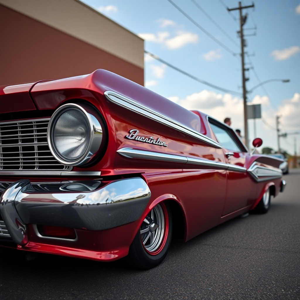 the drag car is parked on the side of the road, inspired by Taiyō Matsumoto, tumblr, restomod, nd4, c4 metallic shine candy red classic american low rider custom ford