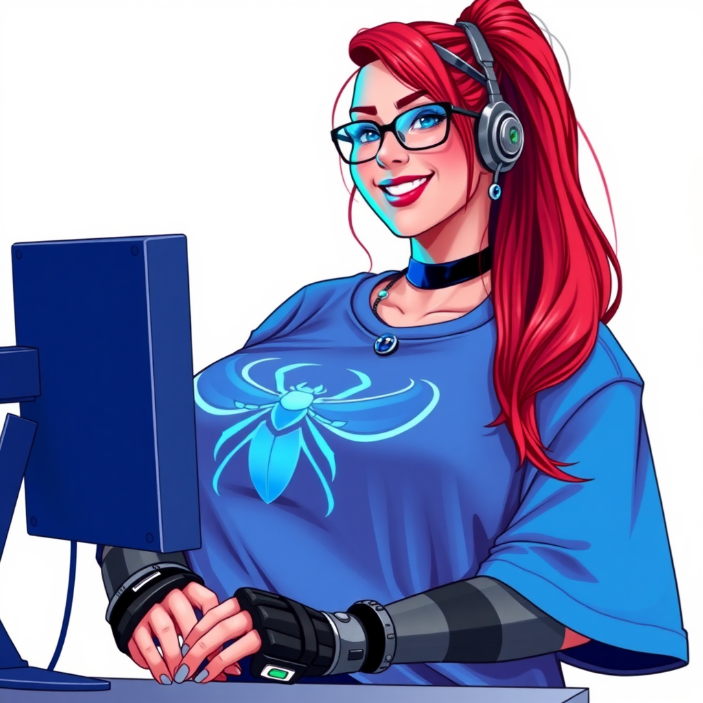 A cyberpunk vigilante’s full-figured intelligent and tech-savvy 29-year-old girlfriend, who is a computer hacker and tech genius. She has a long ruby red ponytail and bright blue eyes. She wears maximum blue lipstick, a sapphire beetle gemstone necklace, sapphire earrings, black eyeglasses, hi-tech metal arm armor, and an oversized maximum blue t-shirt featuring a neon blue glowing emblem of a winged beetle on its chest. She has a full-figured physique with a giant, round midsection, reflecting her well-cared-for lifestyle. She sports a sapphire headset with a hi-tech maximum turquoise lensed HUD, and a beaming smile with a passionate bright red blush. Despite her figure and a lack of self-esteem, she radiates beauty. She has a slim face which contributes to her radiant beauty. She serves as his tech expert from his hideout, diligently working at her lab table and computer desk. The background is solid white. She is drawn as if she was in a retro 2D cyberpunk fighting game.