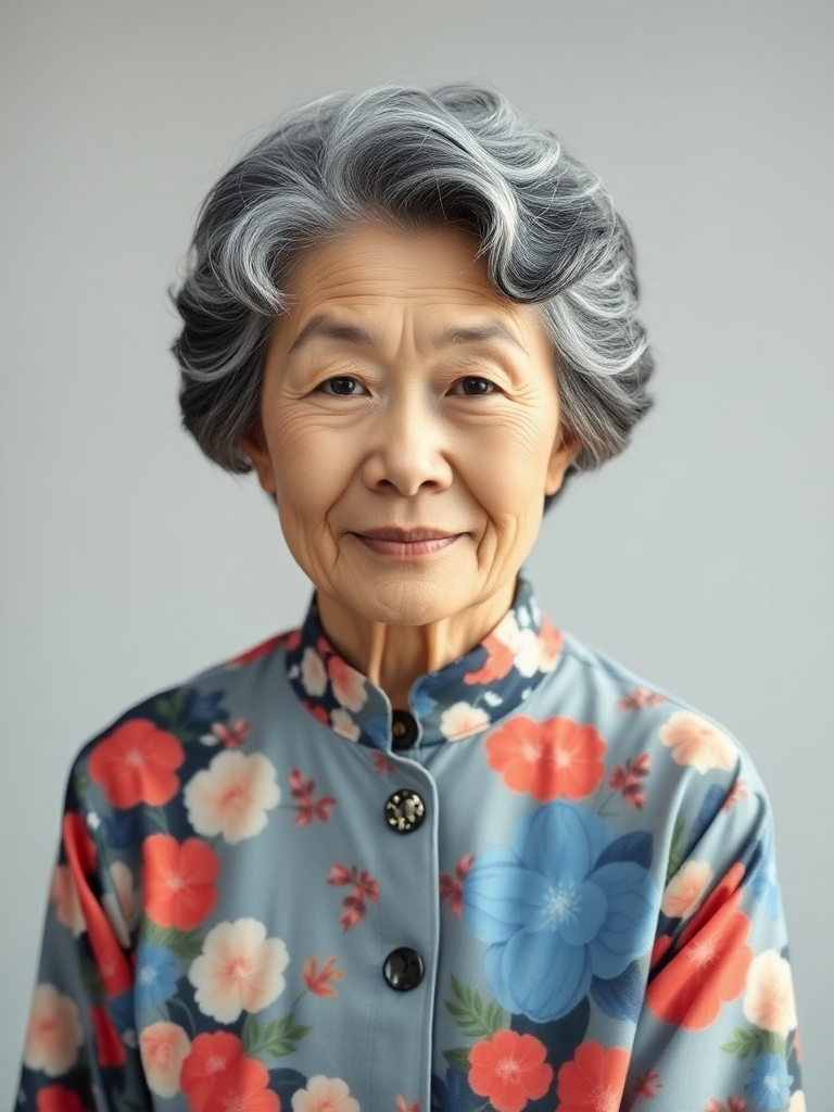 80 age old korean woman, front, flower shirt, photo studio background, Short permed hair, black and white hair