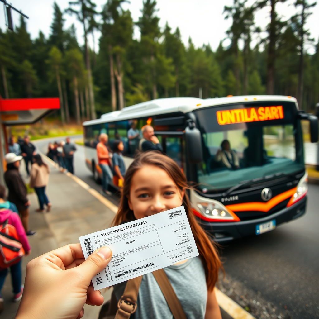 natural selfie of a girl holding up a bus ticket. She stands at a crowded bus stop near a lake in the forest. In the background, a burning bus labelled "FLASH" is speeding to the bus stop.