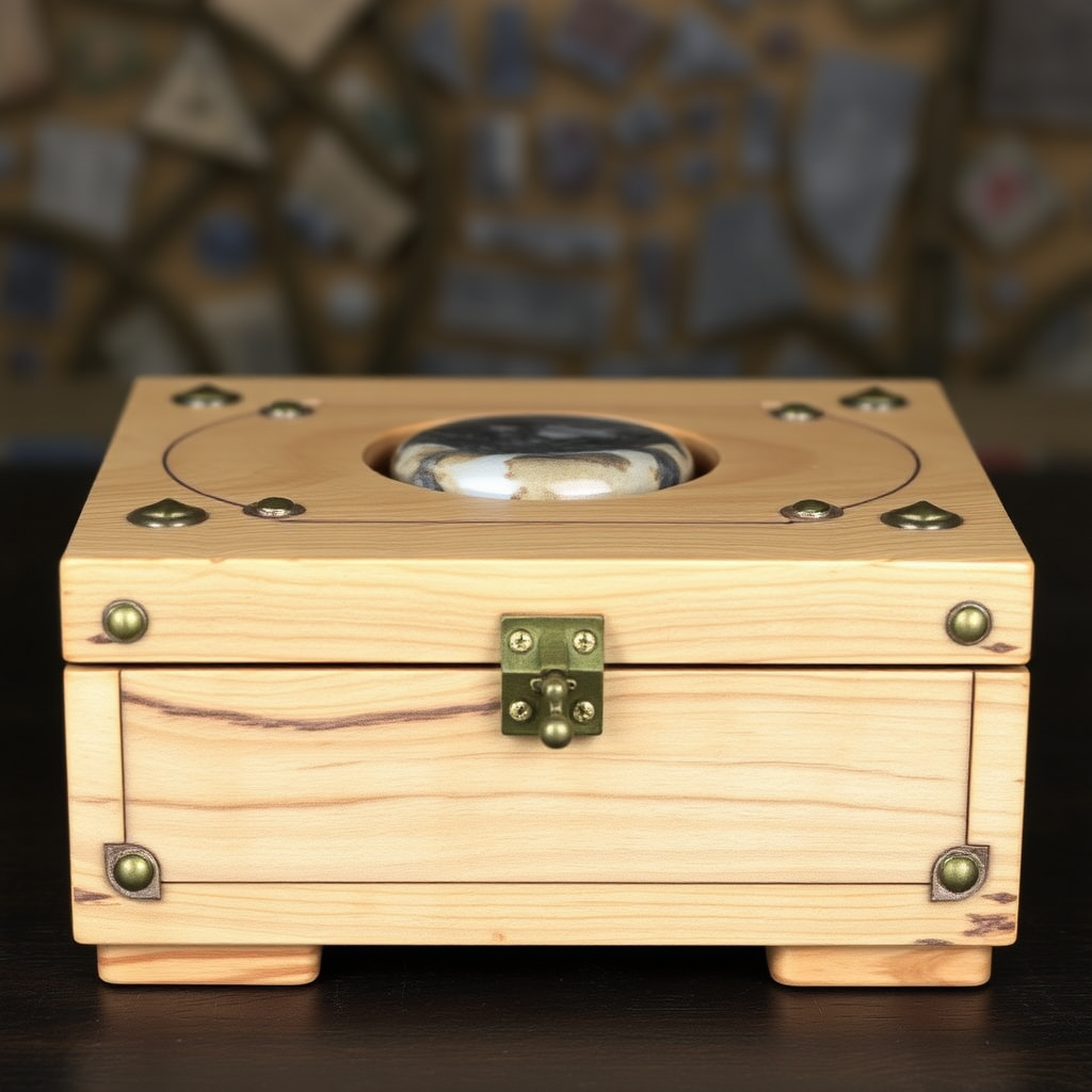 fantasy genre wooden box with stone inlay