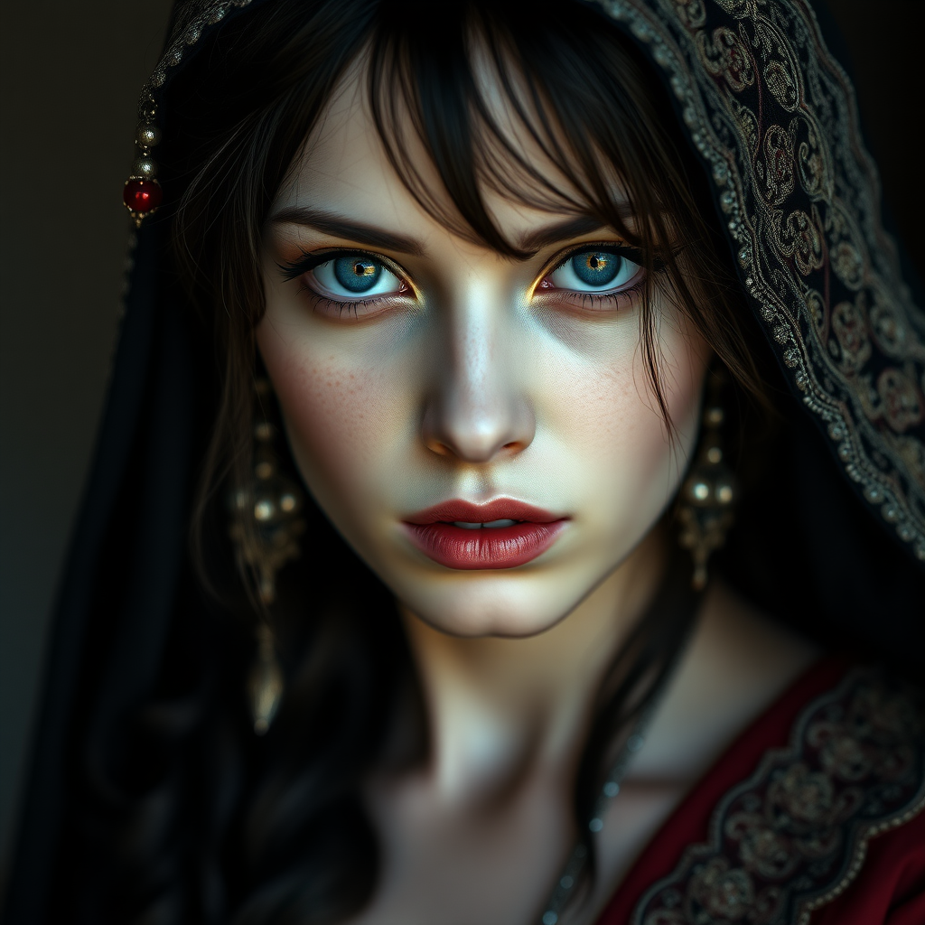 In the world of Vampire the Dark Ages, a 17-year-old woman with cadaverous skin, dressed like a Persian woman from the Middle Ages. high definition, photorealistic, 16K