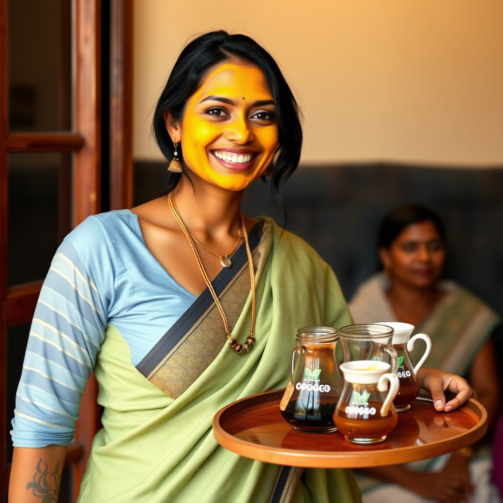 slim, 30 year old, sexy, traditional indian wife, turmeric face mask. She is smiling and serving coffee on a tray to guests.