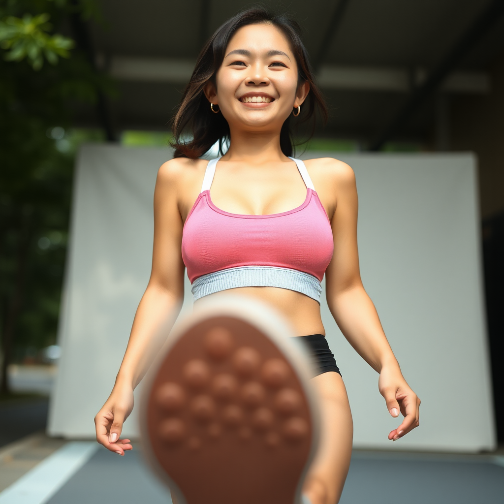 photo full body shot low angle view Hina Kikuchi wearing sports bra. She is walking and smiling. The image is shot from below. The sole of her foot is visible.