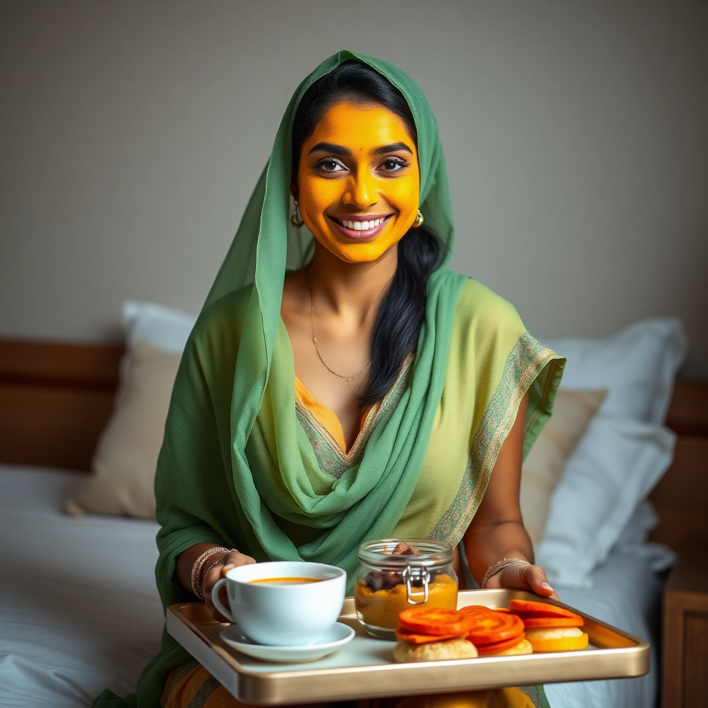 slim, 30 year old, sexy, indian wife, face veil, turmeric face mask. She is smiling and serving breakfast on a tray on bedside table