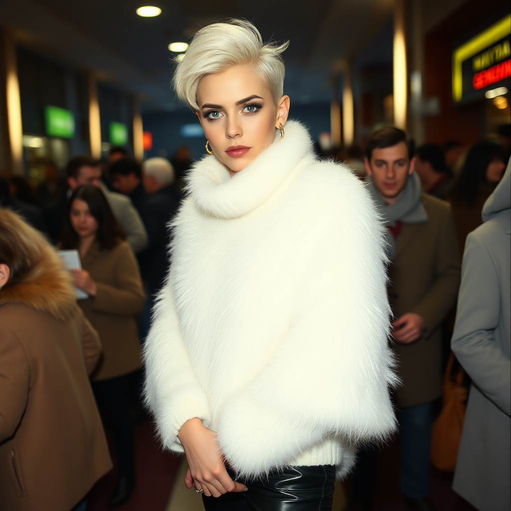 1990 winter evening, crowded cinema lobby: Sam, 19 years old beautiful involuntary femboy, rebellious intractable character, petite boyish figure, platinum blond boyish rebel punk hairstyle, flawless heavily made-up face with sharp arched tattooed eyebrows, wearing Supertanya-style fluffy very fuzzy bright white angora long turtleneck-poncho fully covering body and arms, black leather high-heeled thigh-high boots, gold earrings, puzzled alarmed, pout serious, impatiently waiting for her master. Full view, focus on Sam’s face and turtleneck-poncho.