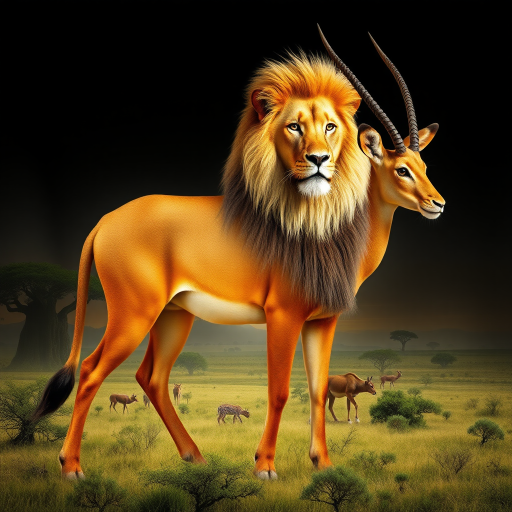 Create a full-length photorealistic image capturing a wildlife scene: a lion integrated into the silhouette of a gazelle, keeping the lion's head, facial features, and skin intact. Design a background inspired by the natural habitats of both a lion and a gazelle, merging lush savannah landscapes with subtle hints of the gazelle's environment. Focus on harmonious blending of textures and colors, while maintaining realism and the distinctive characteristics of both animals.