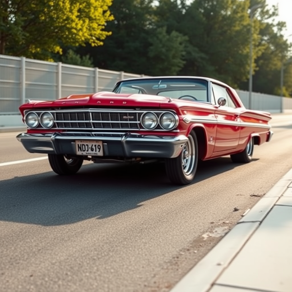 the drag car is parked on the side of the road, inspired by Taiyō Matsumoto, tumblr, restomod, nd4, c4 metallic shine candy red classic american low rider custom ford