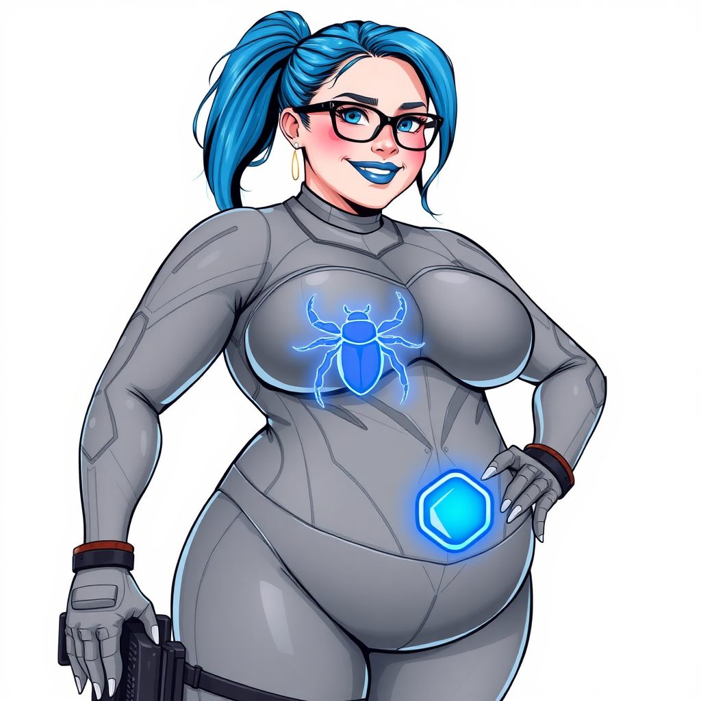 A 28-year-old computer science major embracing her new life as her cyberpunk vigilante boyfriend's nerdy, full figured, heavily pampered, metallic middle gray skinned computer program hybrid girlfriend and digital sidekick with a long, maximum blue ponytail. She wears maximum blue lipstick and has bright blue eyes. Her outfit includes a digital, computerized, middle gray bodysuit (accentuating her gargantuan midsection) featuring a neon blue glowing beetle chest icon. She sports black eyeglasses, with a beaming smile and neon red blush. Her full figure reflects the doting care of her vigilante boyfriend. She uses her power to hack into computers and machines to serve as her hero's minicomputer operating out of his hi-tech wristwatch and supercar's supercomputer. The background is solid white. She has a prominent, round, gargantuan midsection. Her midsection is bloated to emphasize her physique. Her middle gray metallic skin shows her digital nature. She is drawn as if she was in a retro 2D cyberpunk fighting game.