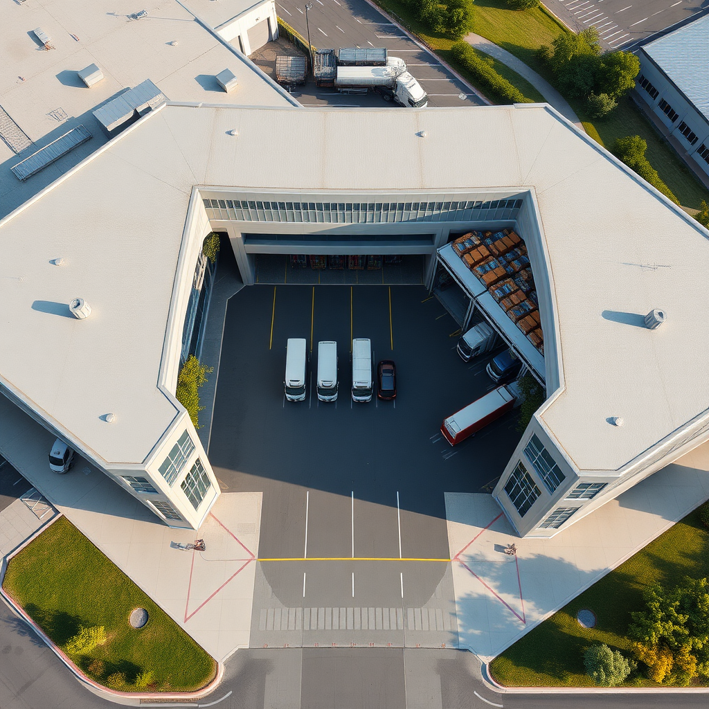 Modern logistics center, building in the shape of a U, with a two-story loading area for trucks, from a bird's eye view.