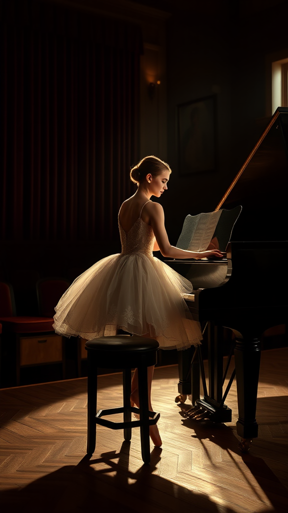 In the dim-lit auditorium of a historic ballet company theater, the air is thick with a sense of nostalgia, the kind that whispers stories of artistry and talent. A ballerina, poised elegantly on a weathered wooden stool, plays a grand piano with a mastery that transforms each note into a haunting melody. Clad in a delicate, ivory vintage tutu adorned with intricate lace and shimmering sequins that catch the soft light, her hands glide over the polished ebony keys, creating a symphony that echoes through the room.

The stage is bathed in a magical, ethereal glow, casting warm, golden highlights that accentuate the ornate details of her costume and the glossy sheen of the piano’s surface. Shadows dance gracefully along the walls, mingling with the muted colors of the velvet curtains that frame the stage. The scent of aged wood mingles with a faint hint of blooming jasmine wafting in from an open window, enhancing the dreamlike quality of the moment.

As she plays, a hushed silence envelops the audience, each note evoking memories and emotions that hang in the air like an invisible tapestry. The ballerina’s expression is serene yet deeply introspective, revealing a connection to the music that transcends the physical realm. Her fingers move with a fluid grace, reminiscent of the graceful pirouettes she performs when dancing, as if her entire being is infused with the rhythm of the piece.

In this intimate setting, the atmosphere pulses with a bittersweet beauty, where the past and present intertwine, inviting all who are present to lose themselves in the enchanting world of dance and melody that unfolds before them.