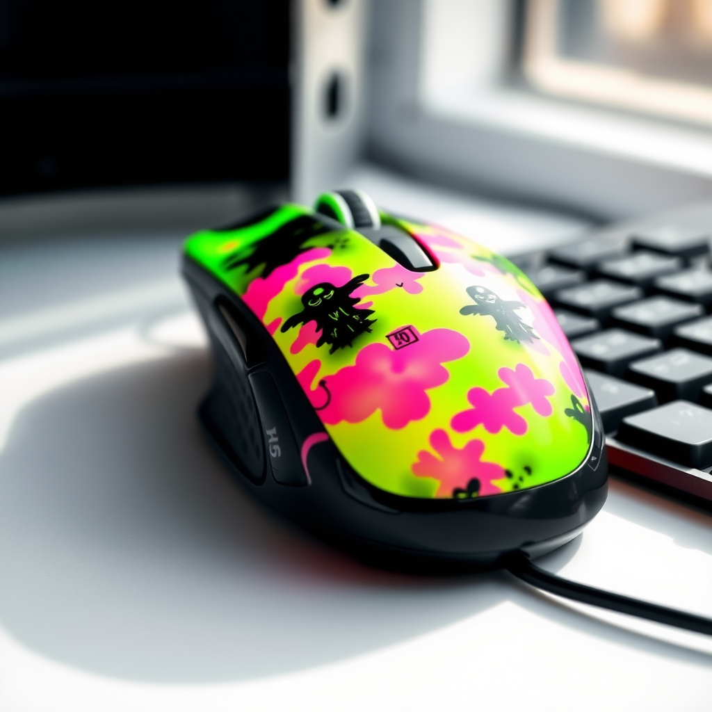 A crazy pastel toned computer mouse in neon lime green, pink and black, with cloudy patterns, attached to computer through wire, white backdrop with sunlight, beautiful, photography, Taken with a Canon E05 R camera with 50 mm f/ 1.8 lens and f/ 2.2 aperture. 8k resolution, photography, photorealistic, photogenic, hyperrealistic, hyper-photo-realistic.