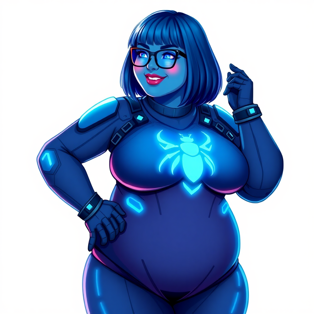 A 28-year-old full-figured computer science major, now transformed into a full-figured, nerdy digital sidekick for her cyberpunk vigilante boyfriend, with maximum blue skin. Her bob cut seamlessly blends with her skin, appearing to merge together as computer data, and her neon blue eyes glow intensely. Her full figure is defined by a prominently round, gargantuan midsection, sequoia-sized limbs, and broad shoulders. As a loyal and supportive sidekick, she plays a crucial role in their missions, using her digital skills to assist and protect.

She wears a digital, computerized maximum blue bodysuit which blends with her hair and skin (appearing to merge together like computer data), all are colored maximum blue. The bodysuit has a neon blue chest icon of a beetle, along with matching high-tech gloves. She bashfully giggles with a neon red blush, emitting neon blue data cubes from her body, set against a solid white background. Heavily pampered by her doting boyfriend, her full figure (especially her prominently round, gargantuan midsection) clearly shows this care. She has the ability to hack into computers and machines, and her nerdiness is blatantly obvious with her black oversized eyeglasses. Her full figure (especially her prominently round gargantuan midsection) is prominently displayed and heavily emphasized. Her outfit is influenced by DC’s Jennifer Knight Phantom Lady but remains distinct. She is drawn as if she was in a retro 2D cyberpunk fighting game. Ensure she is distinct from Inside Out's Sadness, The Power of Surge's Debra, and any other character. Ensure her midsection is round. Her proportions are bloated to emphasize her full figure.