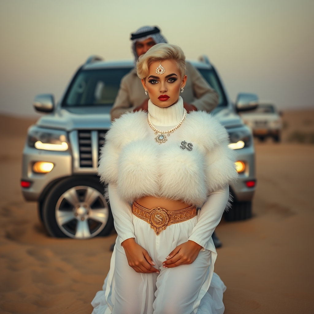 Kuwait desert dunes misty dawn, full size luxury SUV: Melissa, European 17 years old very convincing femboy “trophy-bimbo”, tamed servile docile, very beautiful feminine flawless face, rather short, by hormones very curvaceous womanly figured, platinum blond short tight curls, bold red lips, heavily made-up face, wearing Supertanya-style fluffy very fuzzy bright white angora turtleneck-poncho cropped ending under bust decorated with pearls and gemstones, striking oriental wide gold bridal protection belt, white fully transparent harem pants, full Oriental bridal jewelry including headpiece, nose-ring, coin anklets, striking diamond “$$$” letter brooch on left chest, pout frustrated, hands tied behind back, kneeling in sand in front of SUV, looking at camera. Focus on face and turtleneck-poncho. Standing behind Melissa: older overweight tall proud sheik, approvingly padding Melissa.