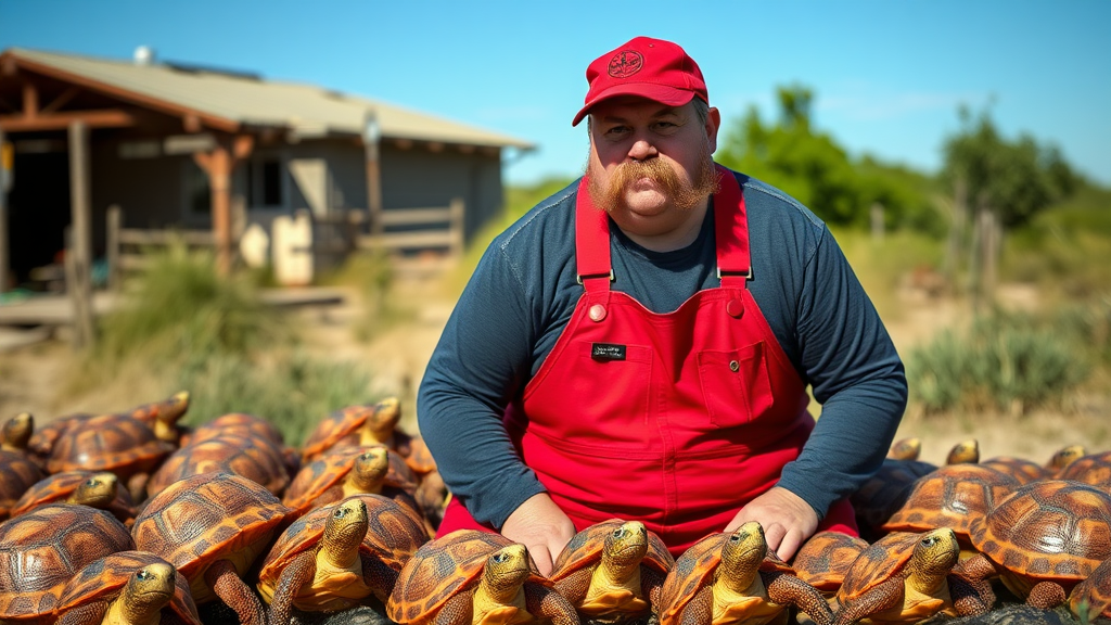 Exterior. Day. A dozen small red-shelled turtles with ivory colored spikes surround a heavyset Italian man with a large mustache, red cap, and red overalls over a long-sleeve dark grey shirt.