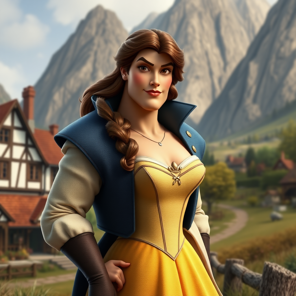 Create a full-length photorealistic image of a hybrid character featuring Belle’s head, hairstyle, and facial features atop Gaston’s male figure. The character should embody Belle’s elegance and Gaston’s robust physique. Design a background that combines elements from both characters’ worlds: a charming provincial village scene inspired by Belle’s environment, contrasted with the rustic, rugged essence of Gaston’s hunting grounds. Balance the two worlds seamlessly, capturing the essence of both characters while maintaining a harmonious atmosphere.