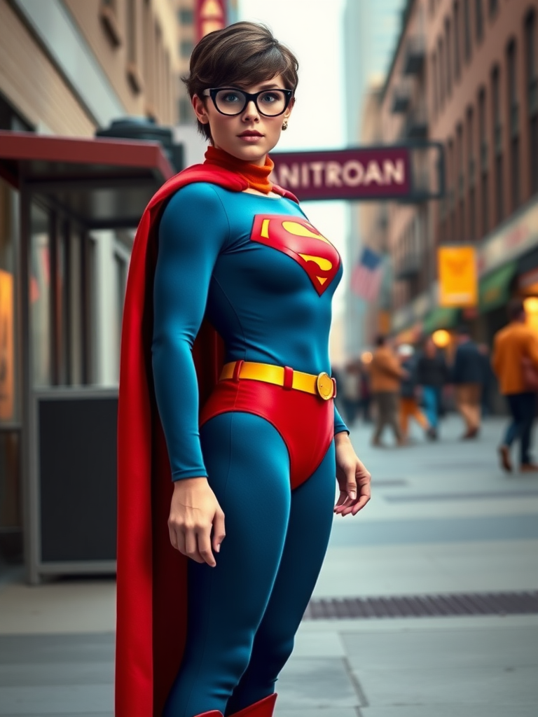 Create a full-length image of Superman with the body type and costume elements of Velma Dinkley. Blend the iconic Superman suit with Velma's accessories, like glasses and an orange turtleneck. Set the background in an environment that appropriately merges elements from both Superman's Metropolis and Velma's Mystery Inc. settings.