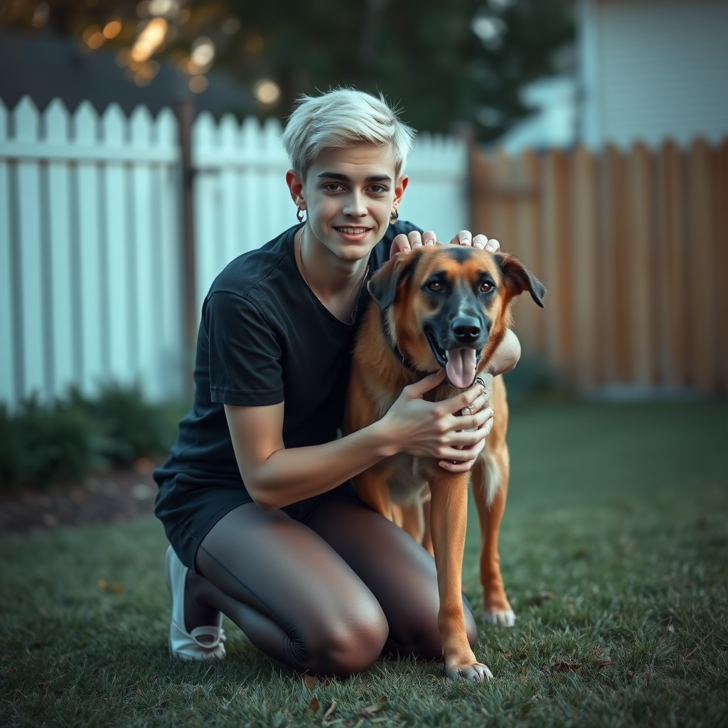 photorealistic, ultra high resolution, 16K, surreal fantasy, studio lighting, a pretty 16 year old goth male, slim male physique, short blonde hair, goth makeup, earrings, pantyhose, white ballet shoes, playing with his dog in the yard - he is kneeling forward, while the dog stands up behind him and rests its paws on the boys shoulders, excited smile, facing the camera.